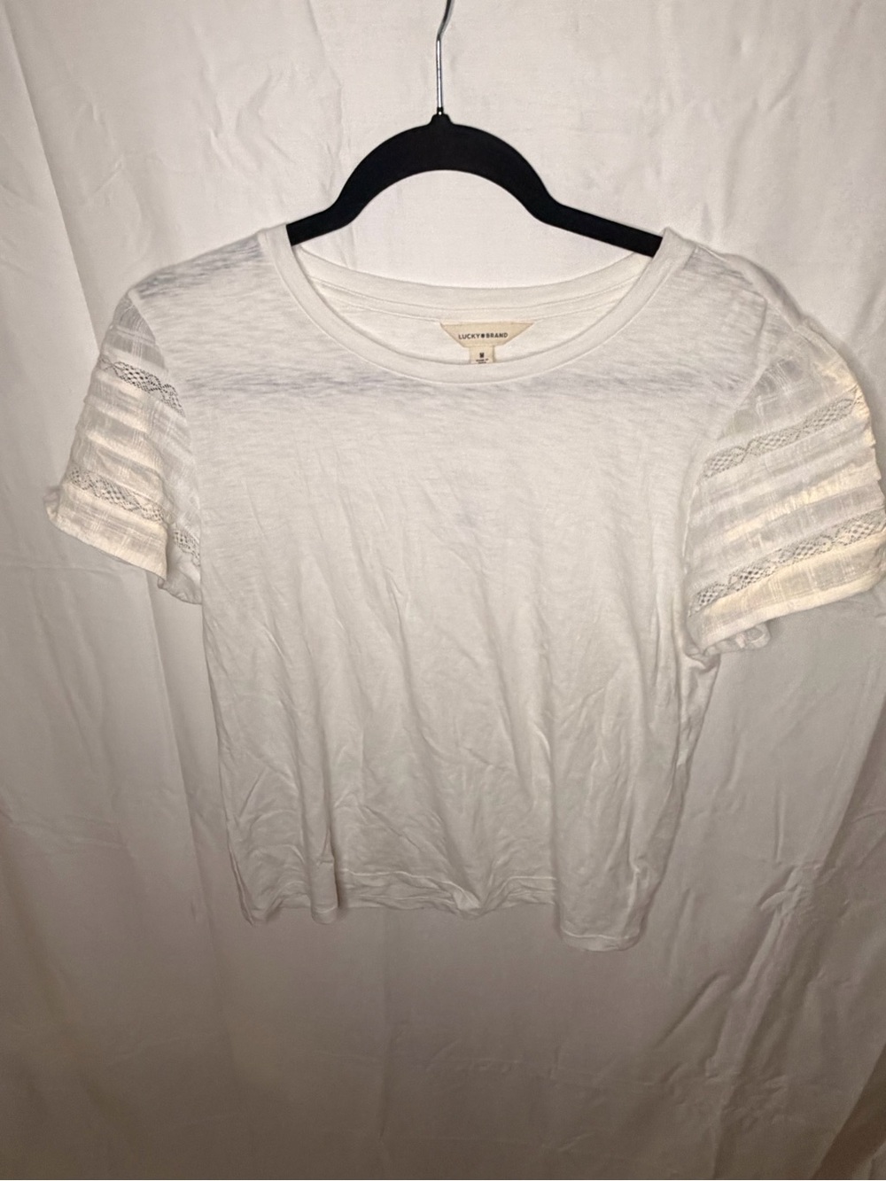 Lucky Brand White Lace-Trim Short Sleeve Tee